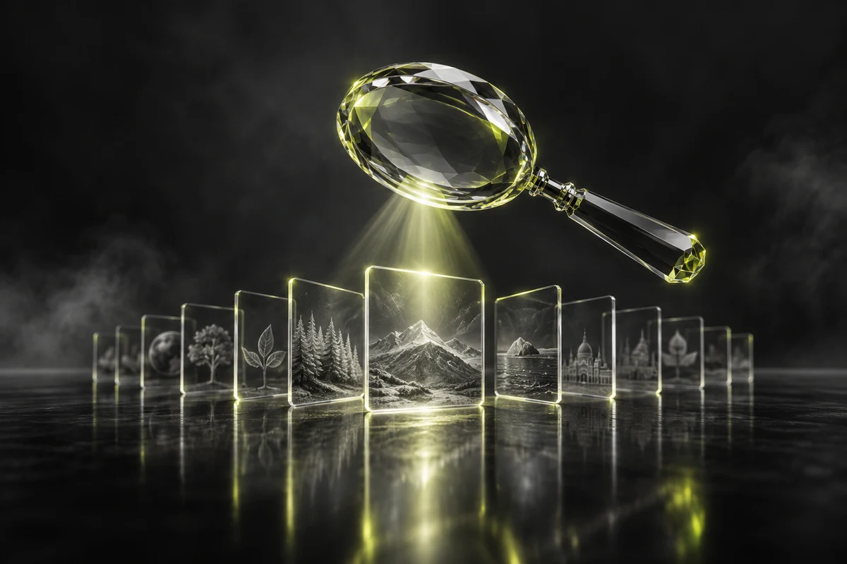 Crystal magnifier focusing on glass information cards