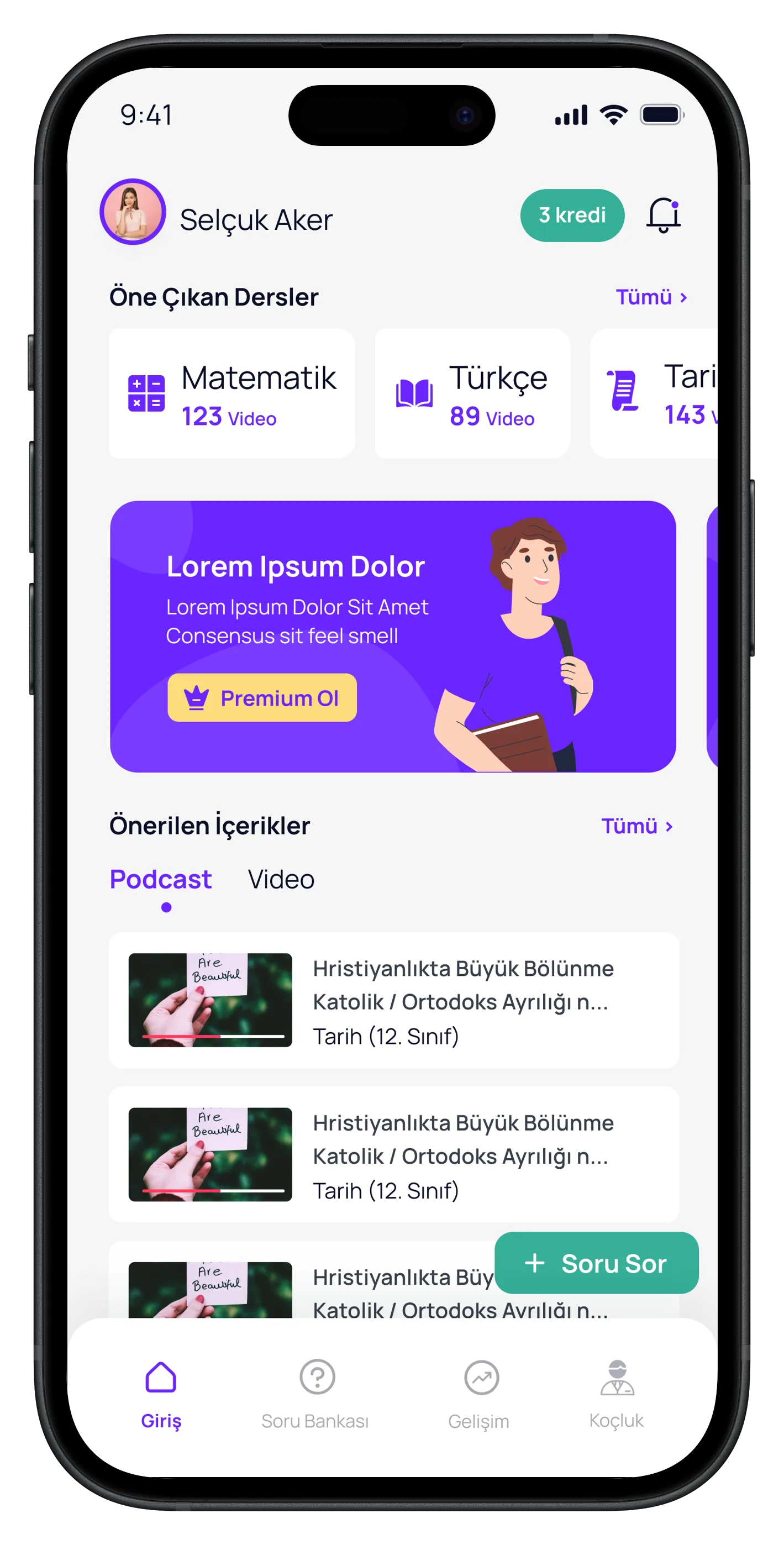 Question Based Education App — tasarım 1