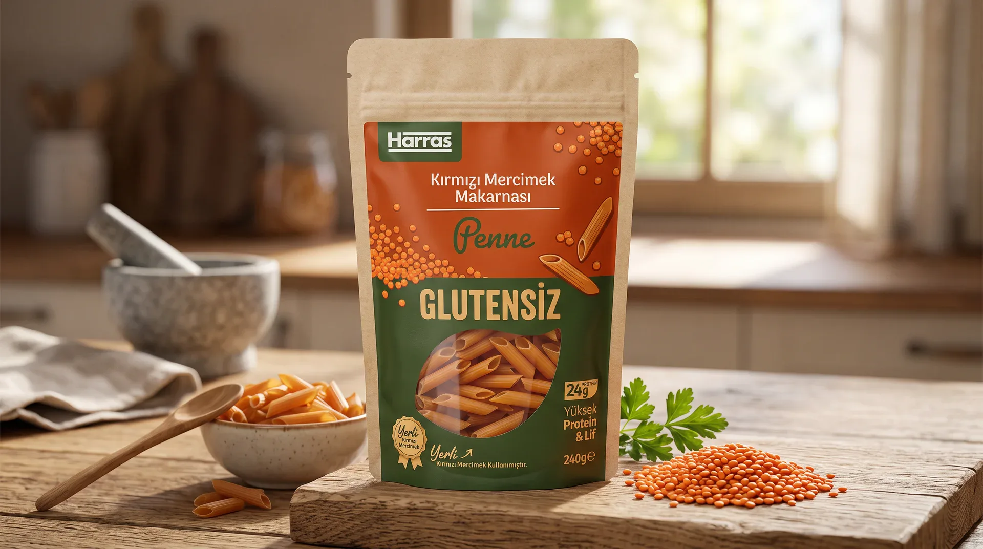 Harras — Kırmızı Mercimek Makarnası — Ambalaj Tasarımı, Kortex Digital
